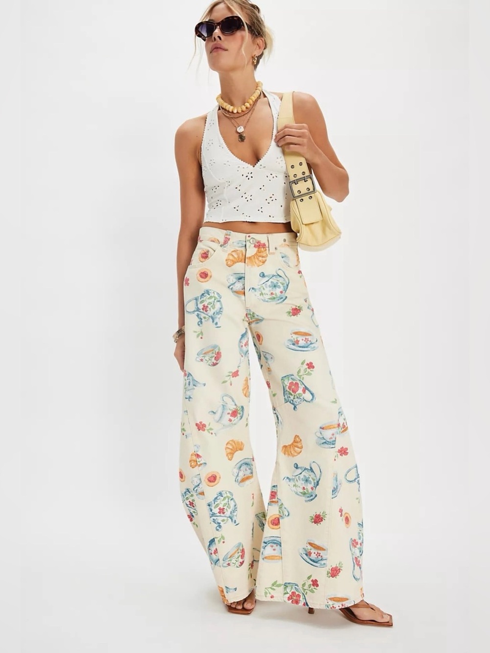 Free People Cream Wide-Leg Tea Party Print Jeans - Picture 2 of 7